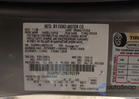 2009 Ford Fusion Se из США, поврежденный, VIN 3FAHP07129R193199